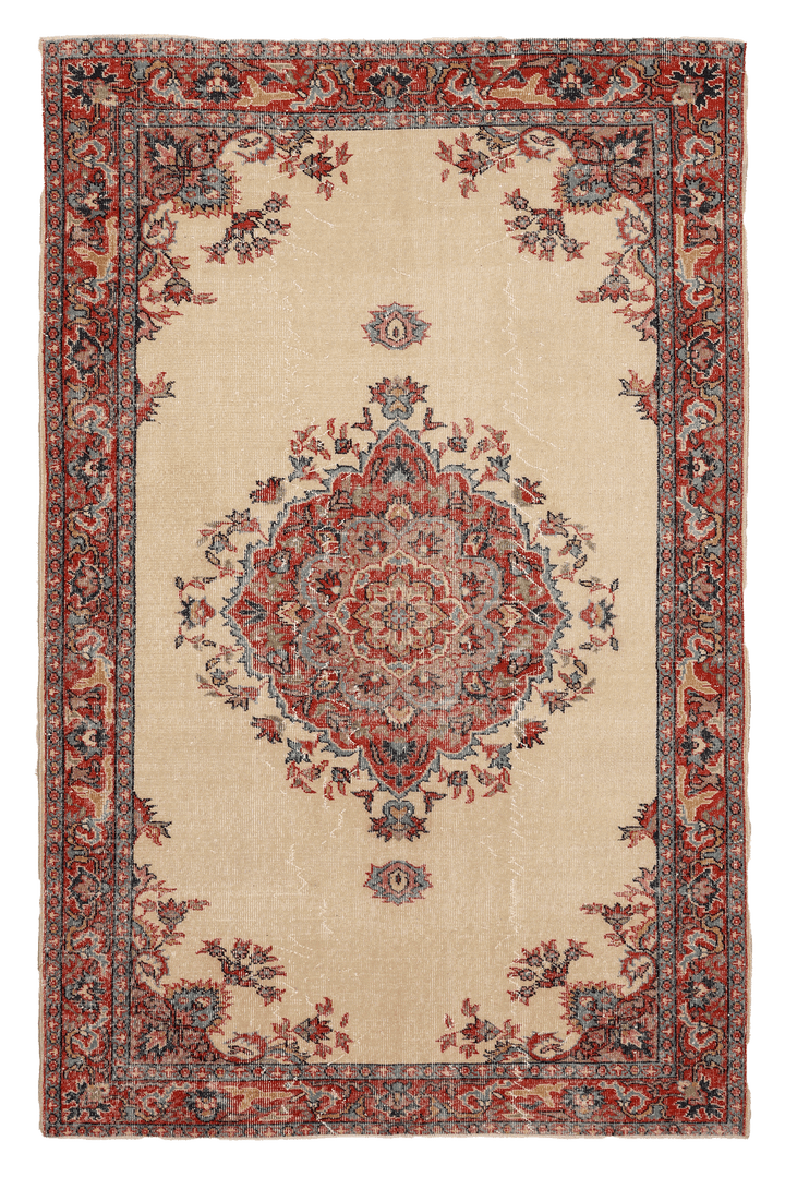 Vintage Isparta Turkish Area Rug 5x9 ft — Beige & Red Floral (No. 40698)