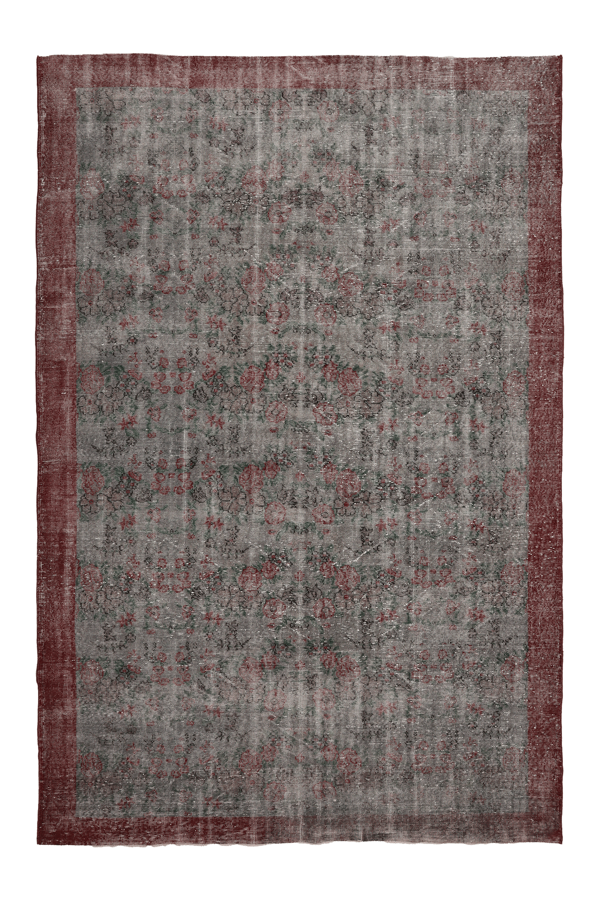 Vintage Isparta Turkish Area Rug 7x10 ft — Gray & Red Floral