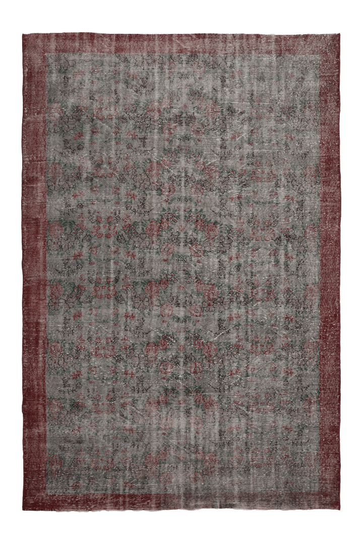 Vintage Isparta Turkish Area Rug 7x10 ft — Gray & Red Floral