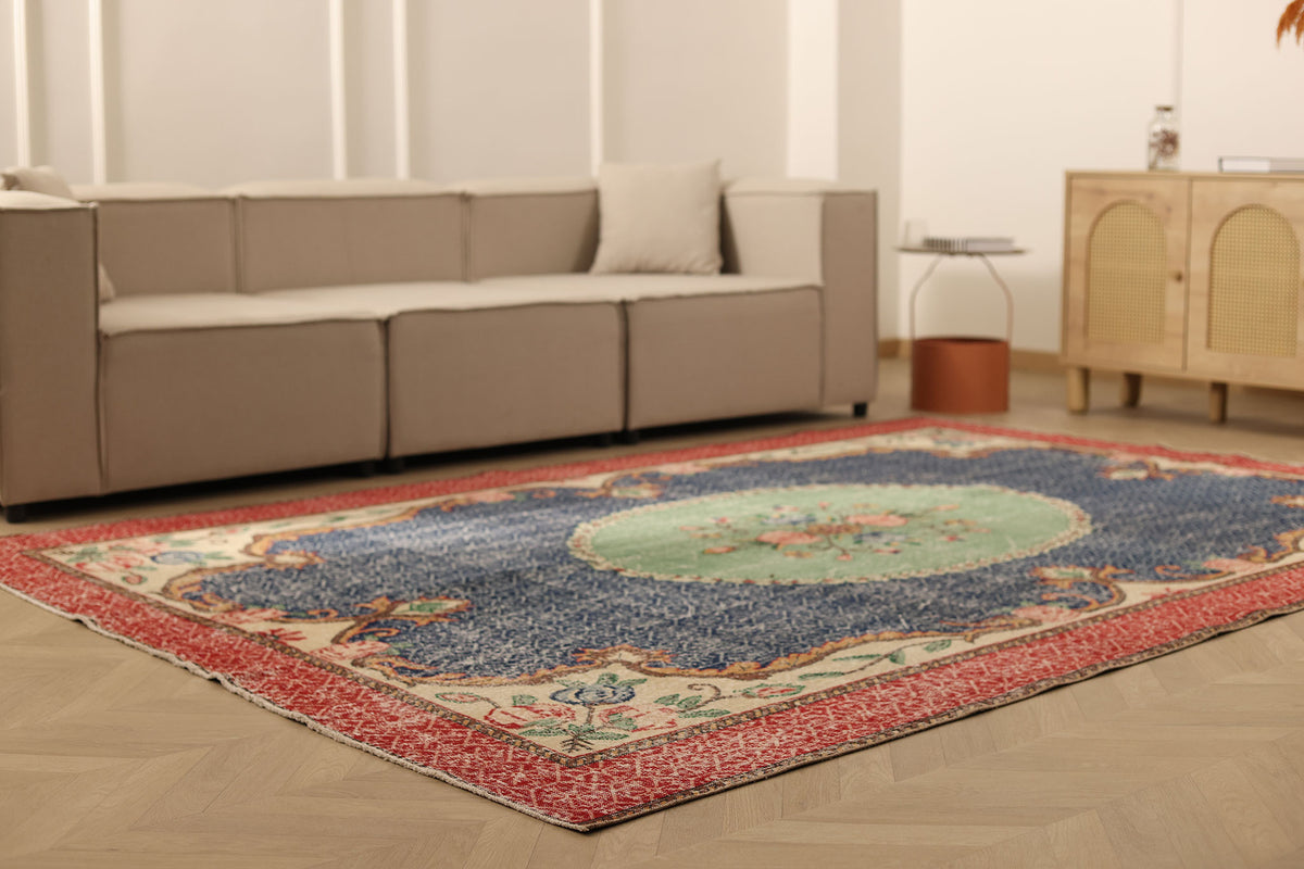 Vintage Isparta Turkish Area Rug 7x10 ft — Blue & Red Floral