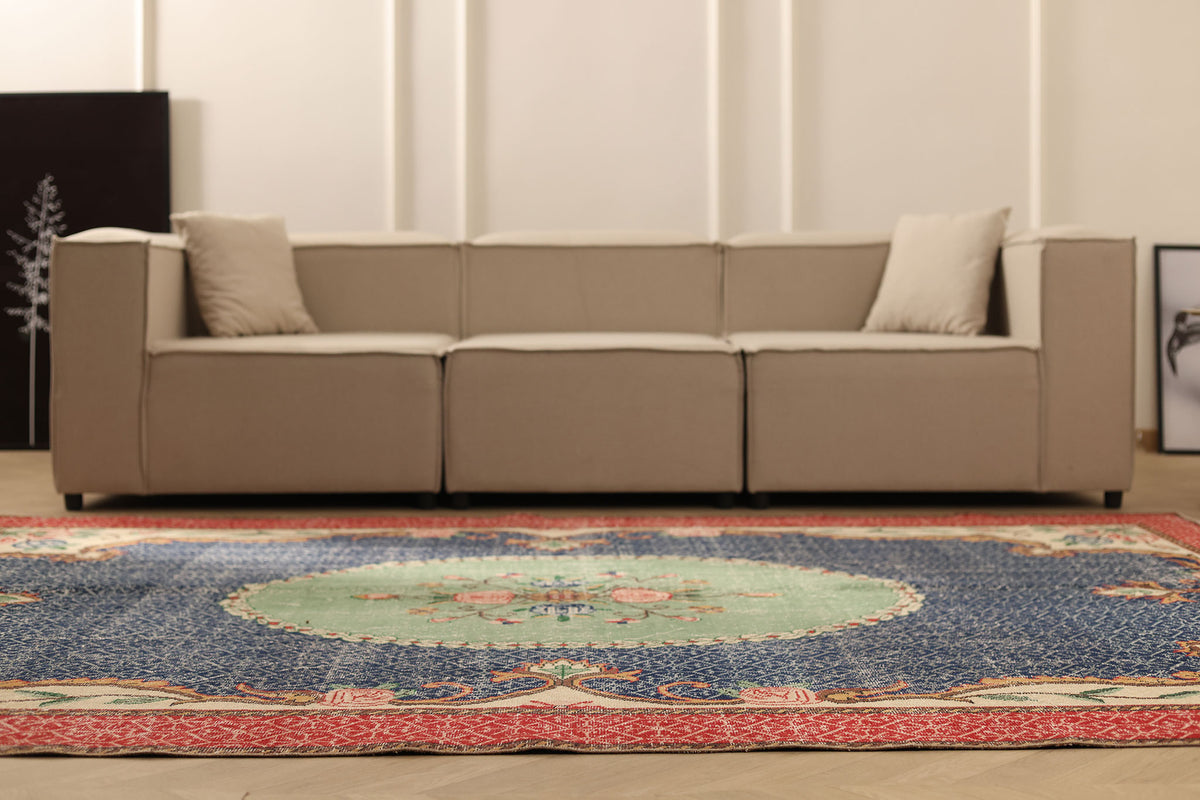 Vintage Isparta Turkish Area Rug 7x10 ft — Blue & Red Floral