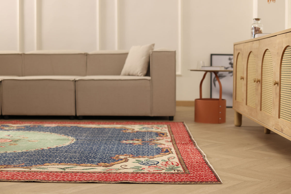 Vintage Isparta Turkish Area Rug 7x10 ft — Blue & Red Floral