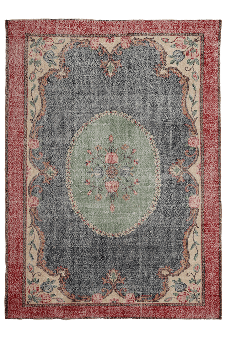 Vintage Isparta Turkish Area Rug 7x10 ft — Blue & Red Floral