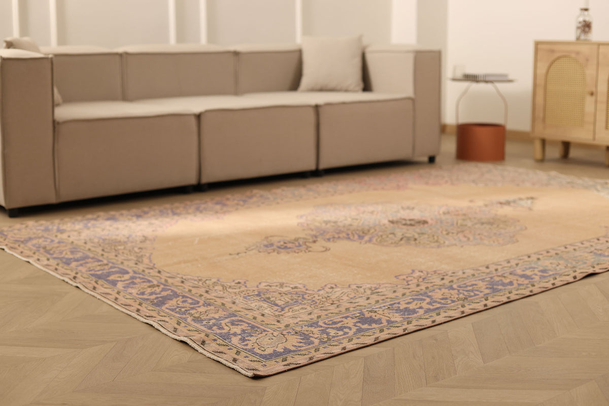 Vintage Isparta Turkish Area Rug 6x10 ft — Beige & Purple Floral