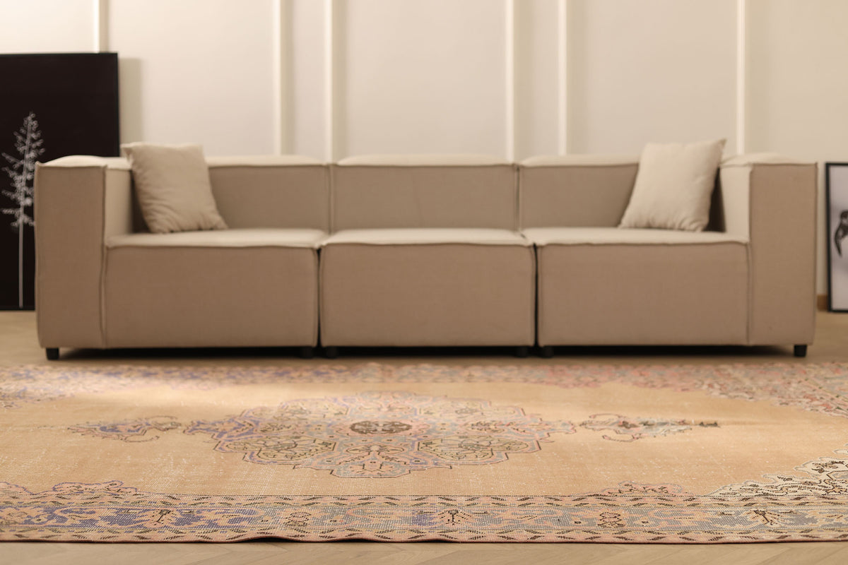 Vintage Isparta Turkish Area Rug 6x10 ft — Beige & Purple Floral