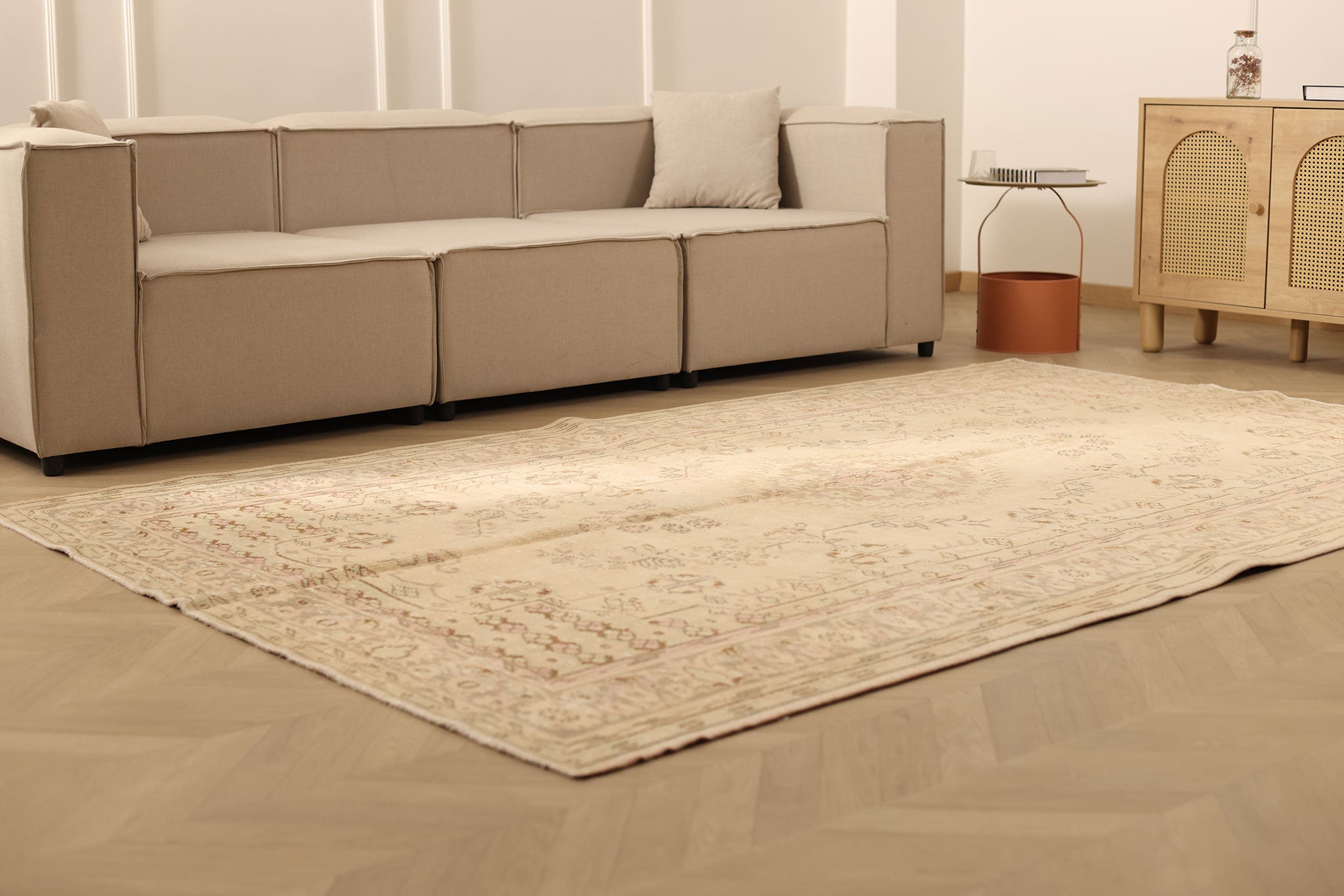 Vintage Manisa Turkish Area Rug 6x10 ft — Beige & Brown Floral (No. 40748)