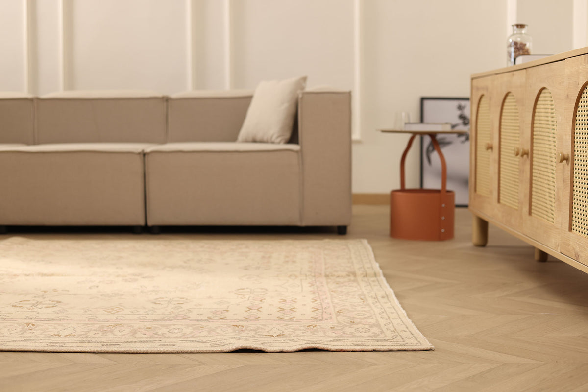 Vintage Manisa Turkish Area Rug 6x10 ft — Beige & Brown Floral (No. 40748)