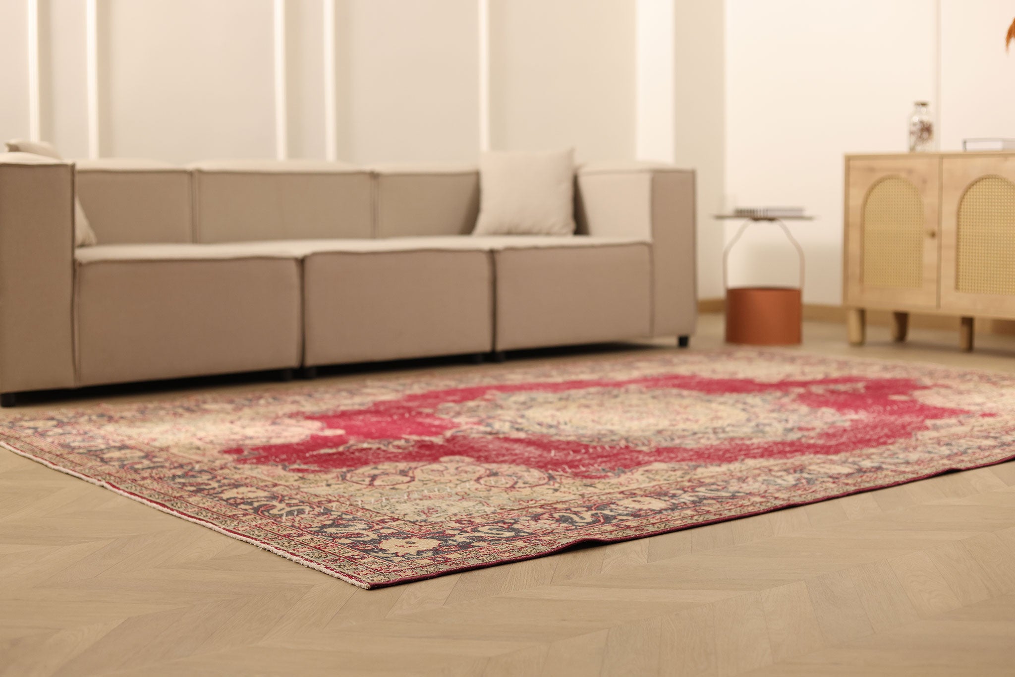 Vintage Isparta Turkish Area Rug 7x10 ft — Red & Beige Floral (No. 40758)