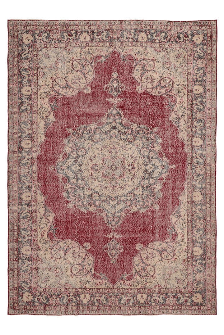 Vintage Isparta Turkish Area Rug 7x10 ft — Red & Beige Floral (No. 40758)