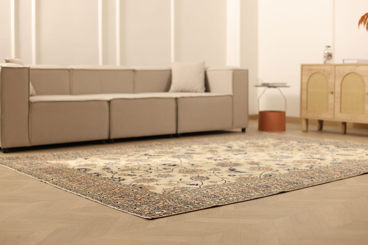 Vintage Isparta Turkish Area Rug 7x9 ft — Beige & Orange Floral