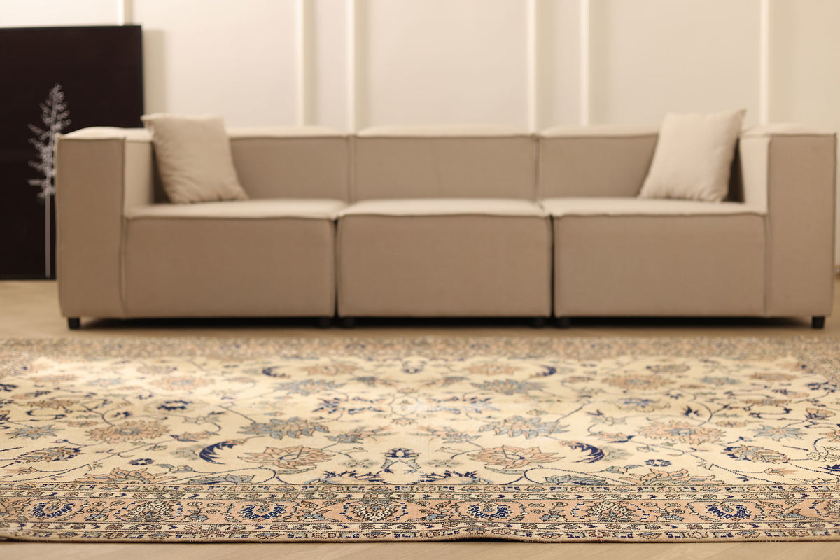 Vintage Isparta Turkish Area Rug 7x9 ft — Beige & Orange Floral