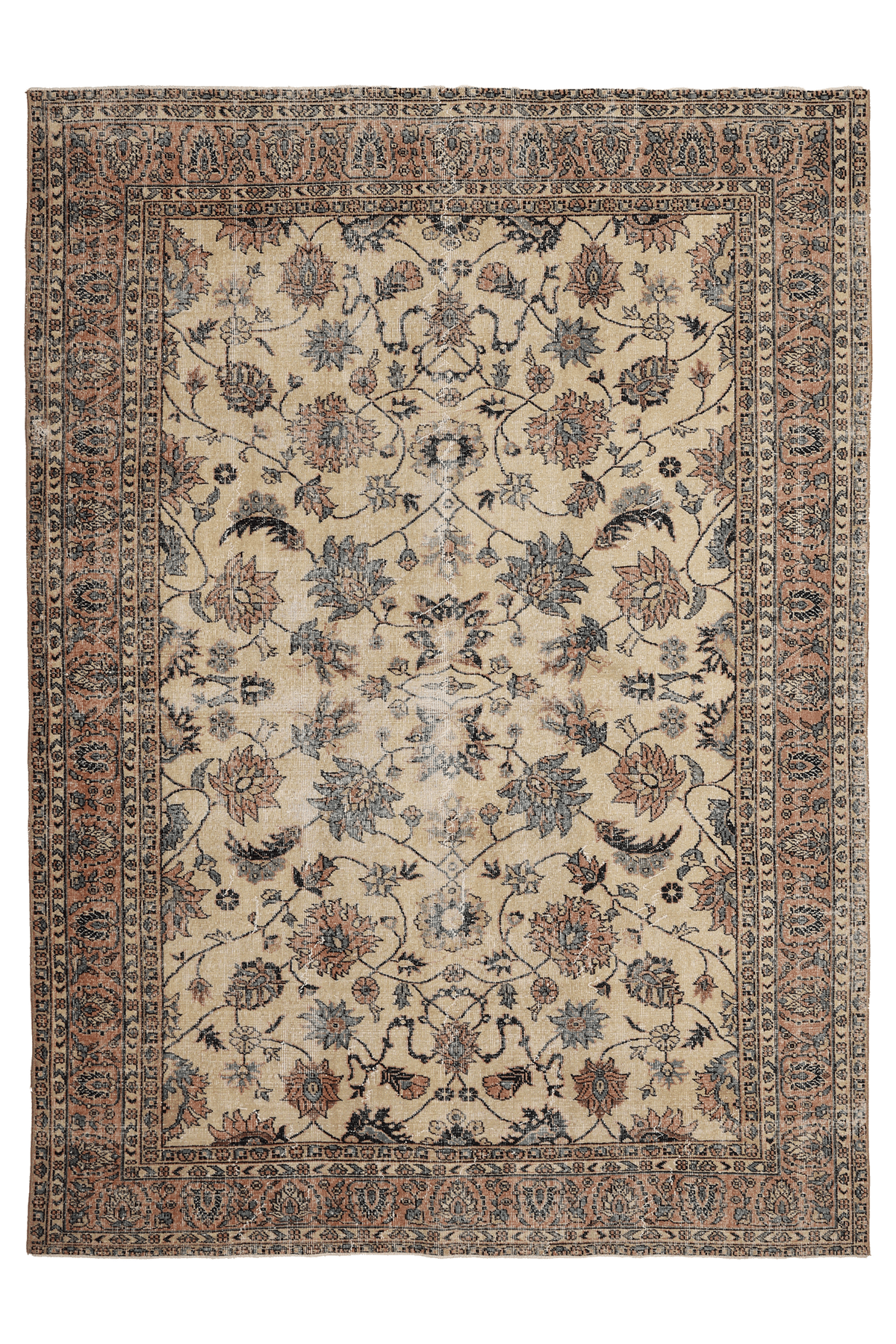 Vintage Isparta Turkish Area Rug 7x9 ft — Beige & Orange Floral