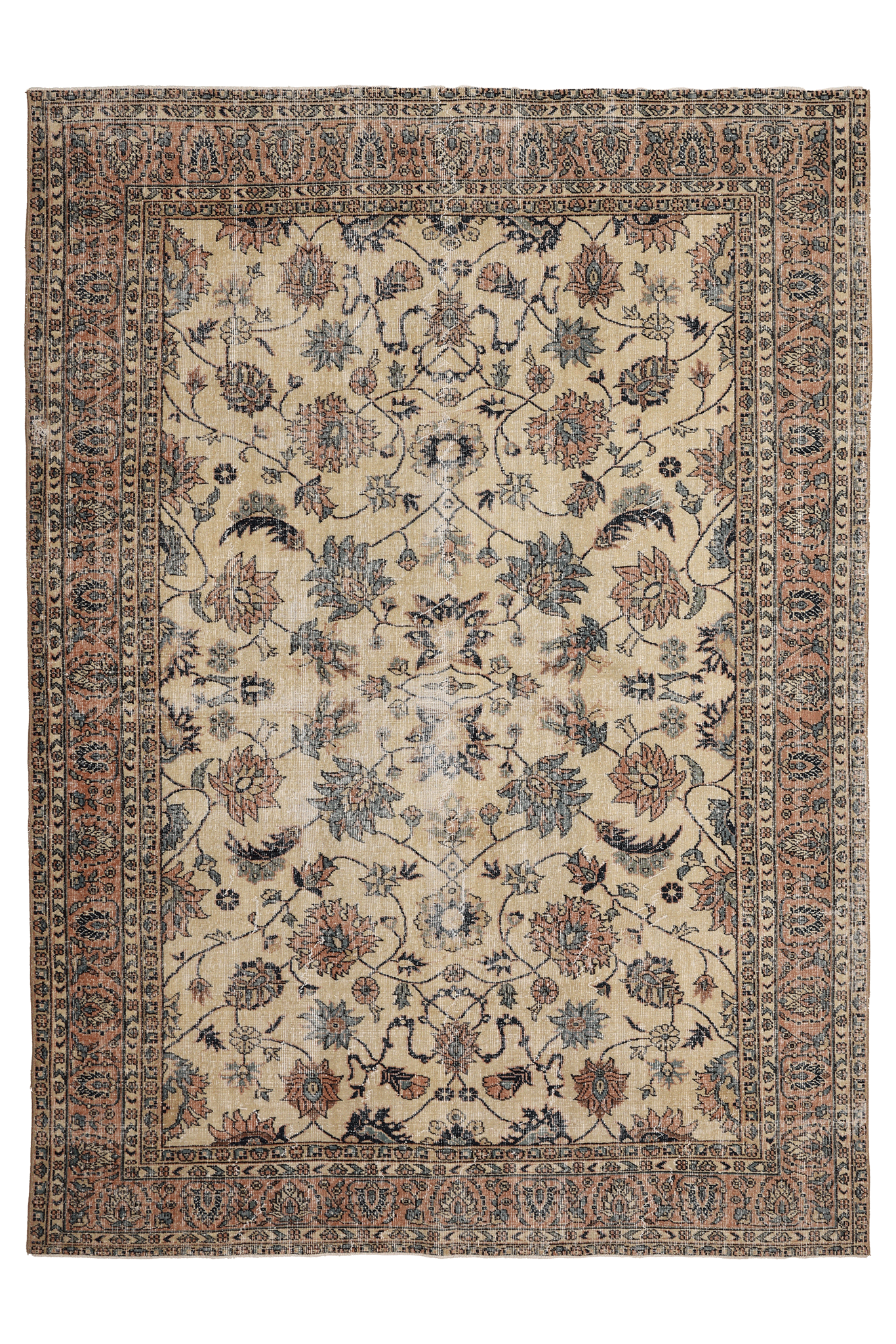 Vintage Isparta Turkish Area Rug 7x9 ft — Beige & Orange Floral