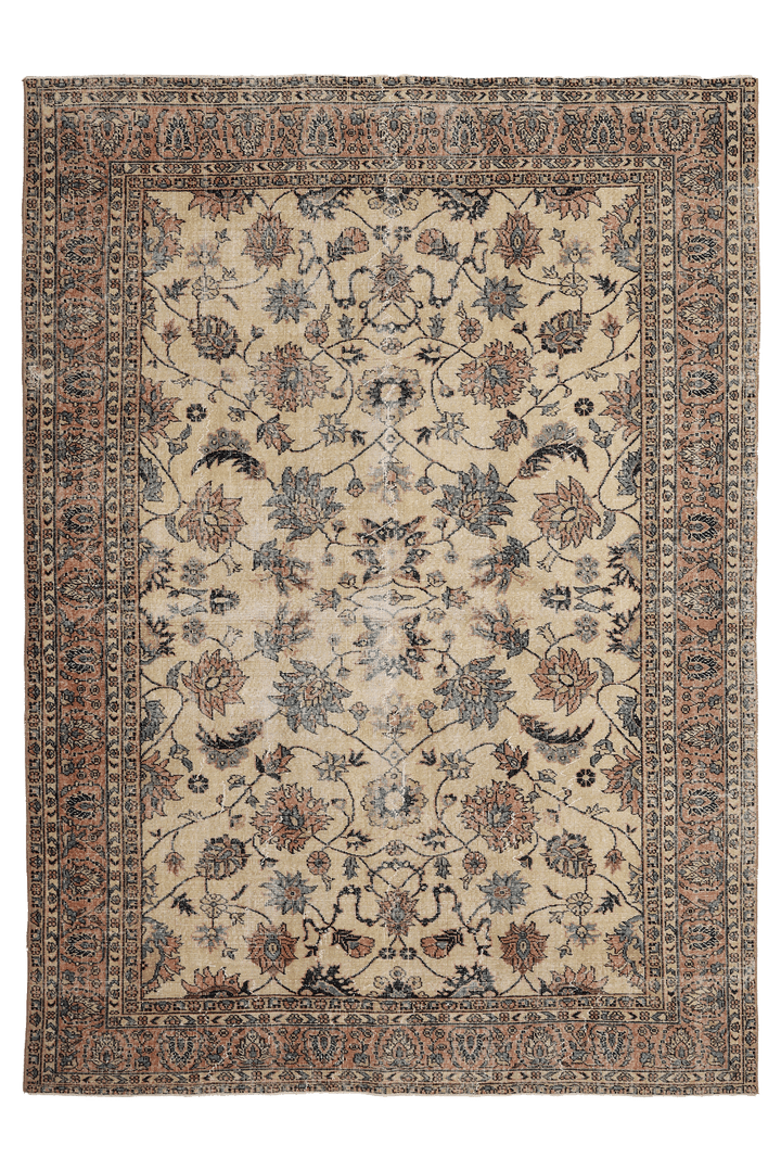 Vintage Isparta Turkish Area Rug 7x9 ft — Beige & Orange Floral