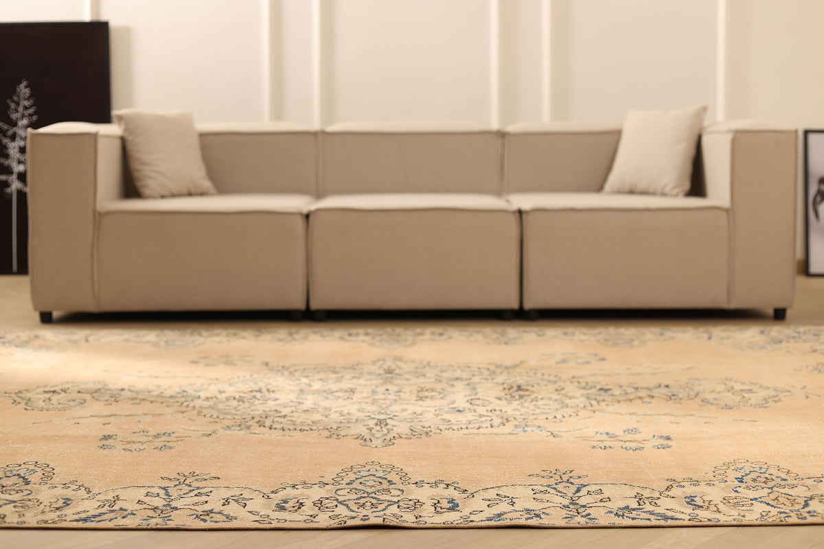 Vintage Isparta Turkish Area Rug 7x10 ft — Beige & Blue Floral
