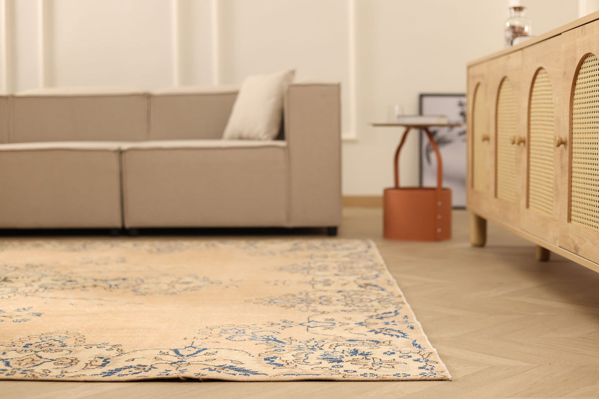 Vintage Isparta Turkish Area Rug 7x10 ft — Beige & Blue Floral