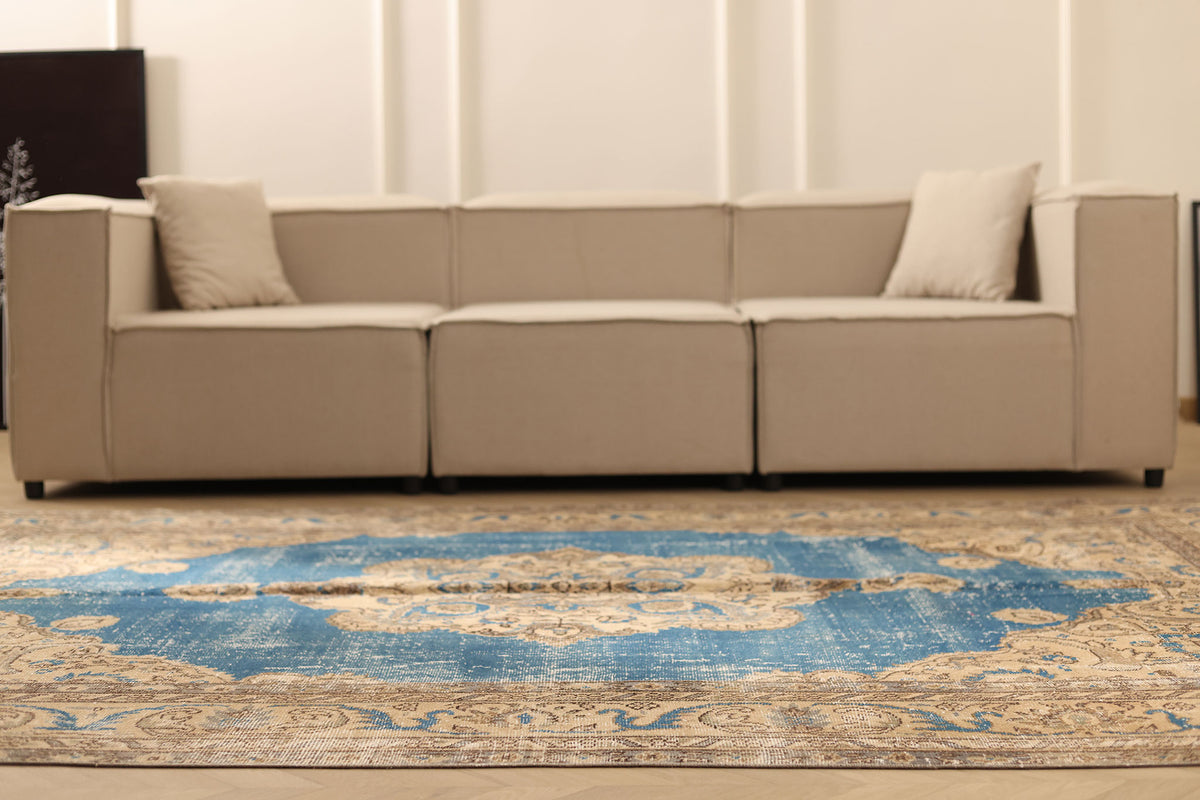 Vintage Isparta Turkish Area Rug 6x9 ft — Blue & Brown Floral