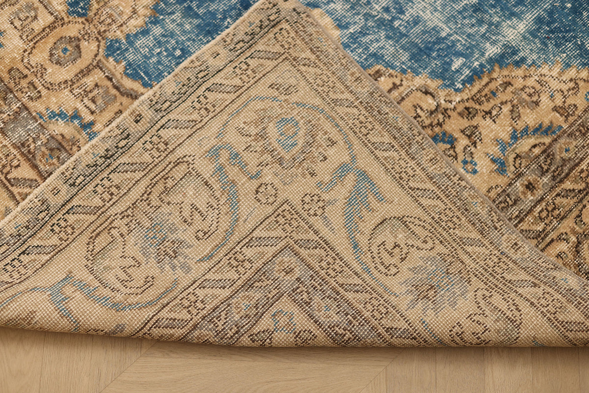 Vintage Isparta Turkish Area Rug 6x9 ft — Blue & Brown Floral