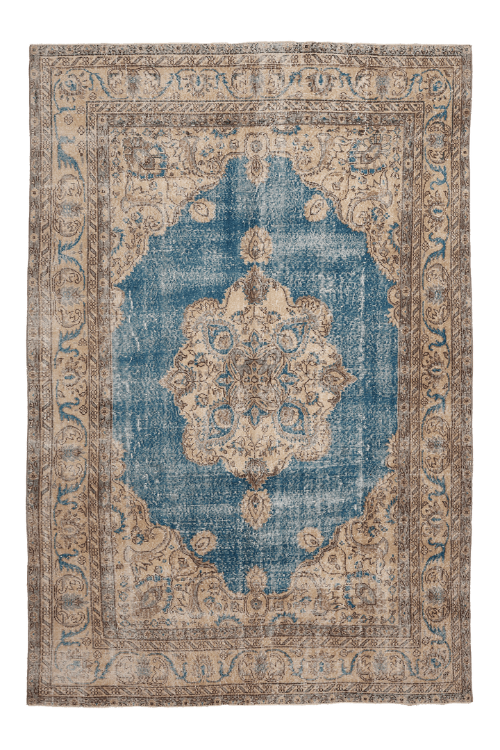 Vintage Isparta Turkish Area Rug 6x9 ft — Blue & Brown Floral