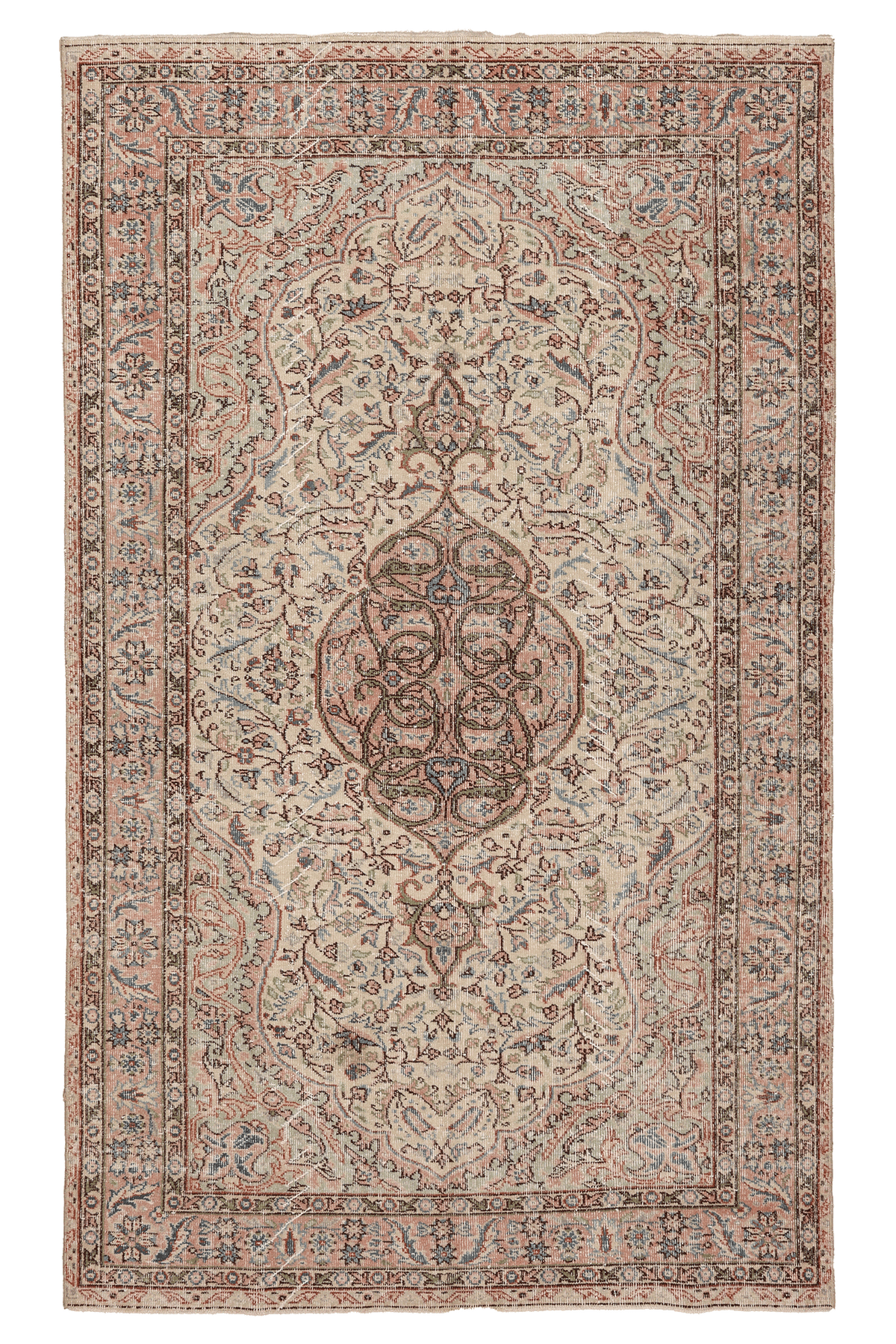 Vintage Isparta Turkish Area Rug 5x8 ft — White & Pink Floral