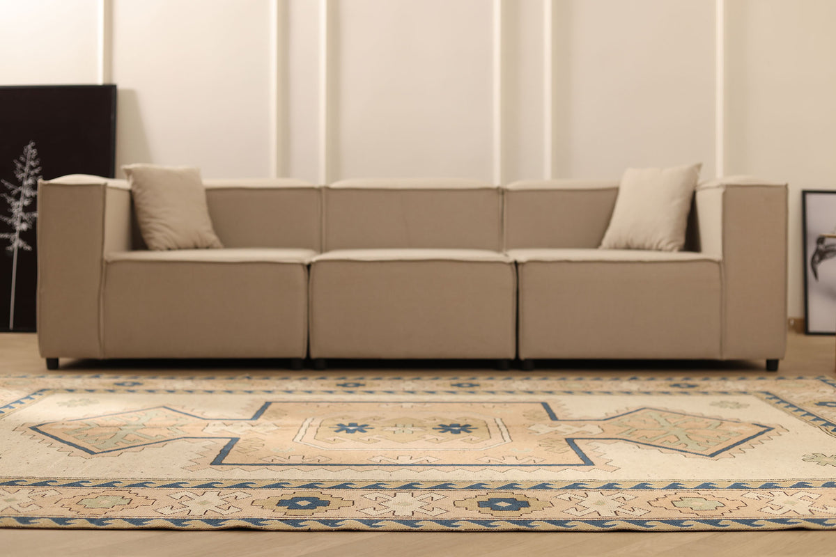 Vintage Niğde Turkish Area Rug 6x9 ft — Beige & Brown Geometric