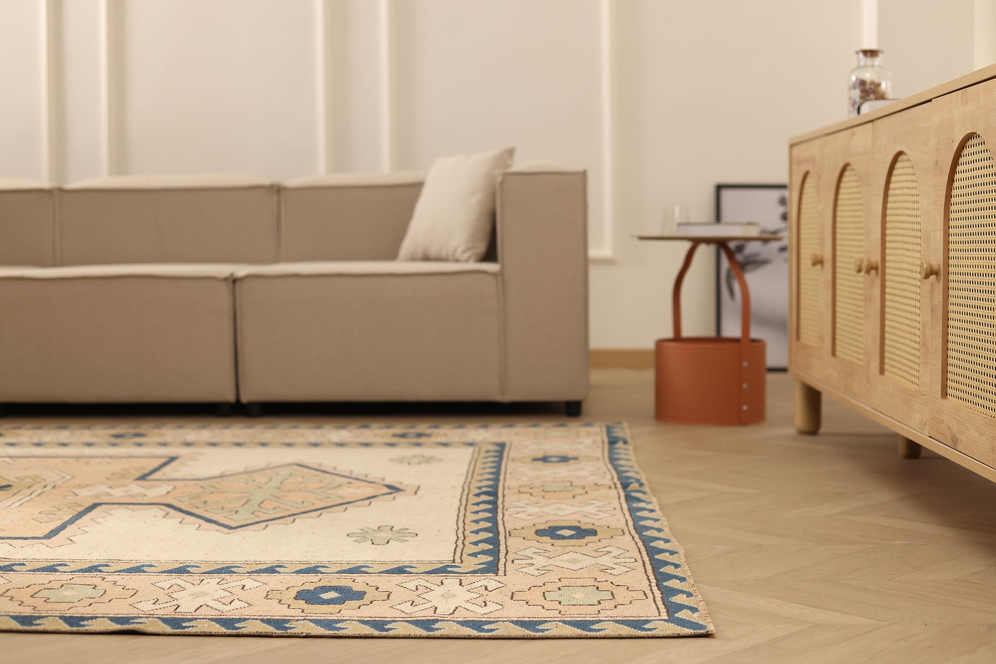 Vintage Niğde Turkish Area Rug 6x9 ft — Beige & Brown Geometric
