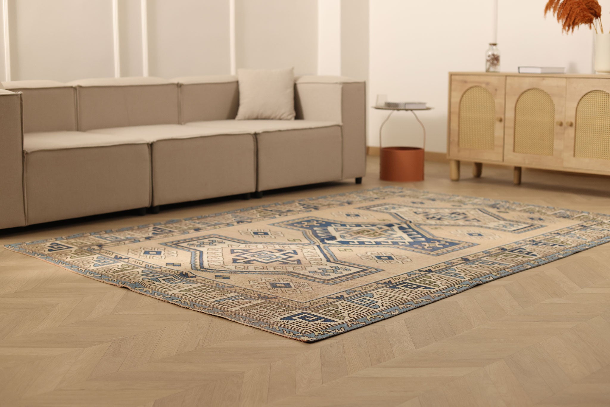 Vintage Niğde Turkish Area Rug 6x9 ft — Brown & Blue Geometric