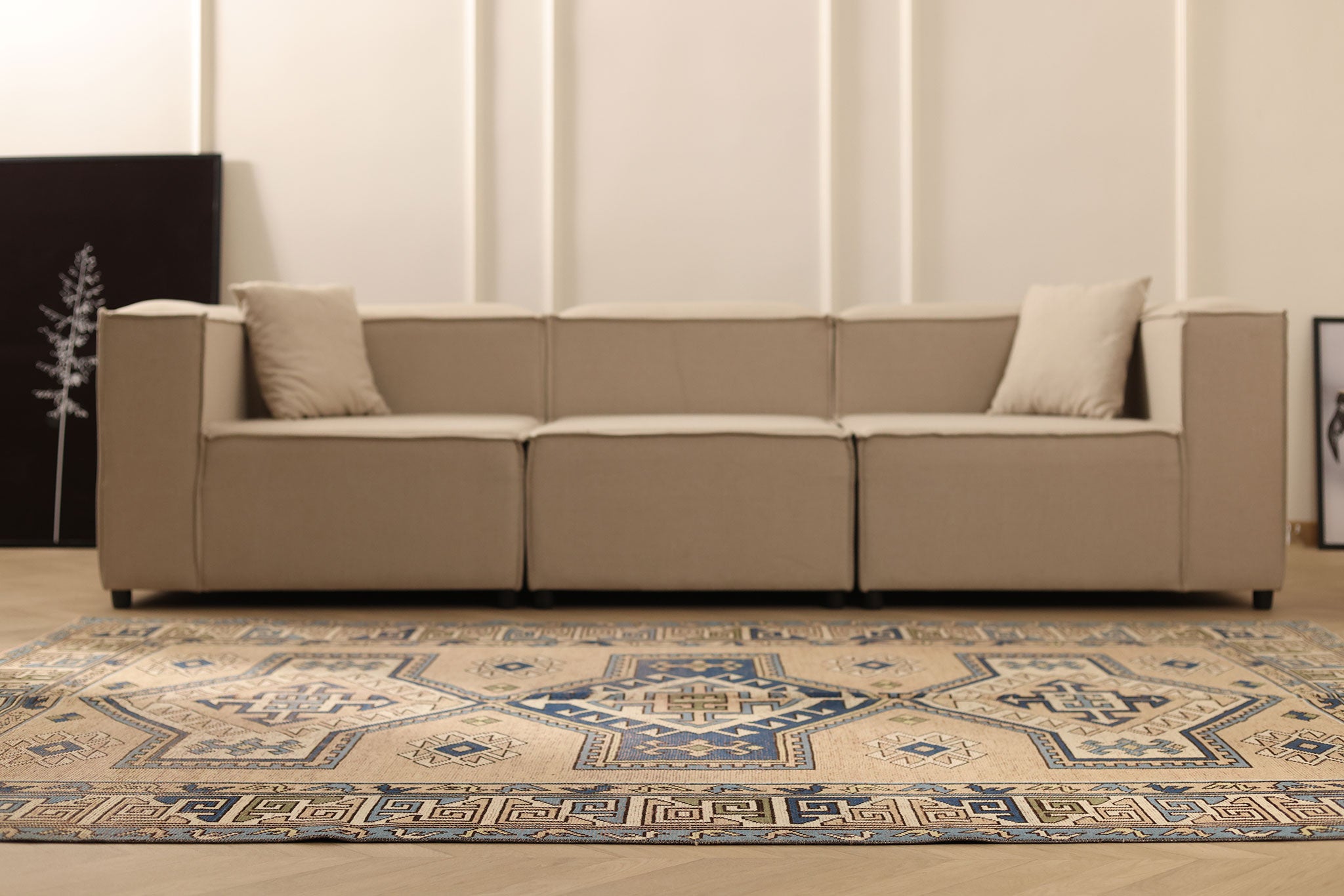Vintage Niğde Turkish Area Rug 6x9 ft — Brown & Blue Geometric