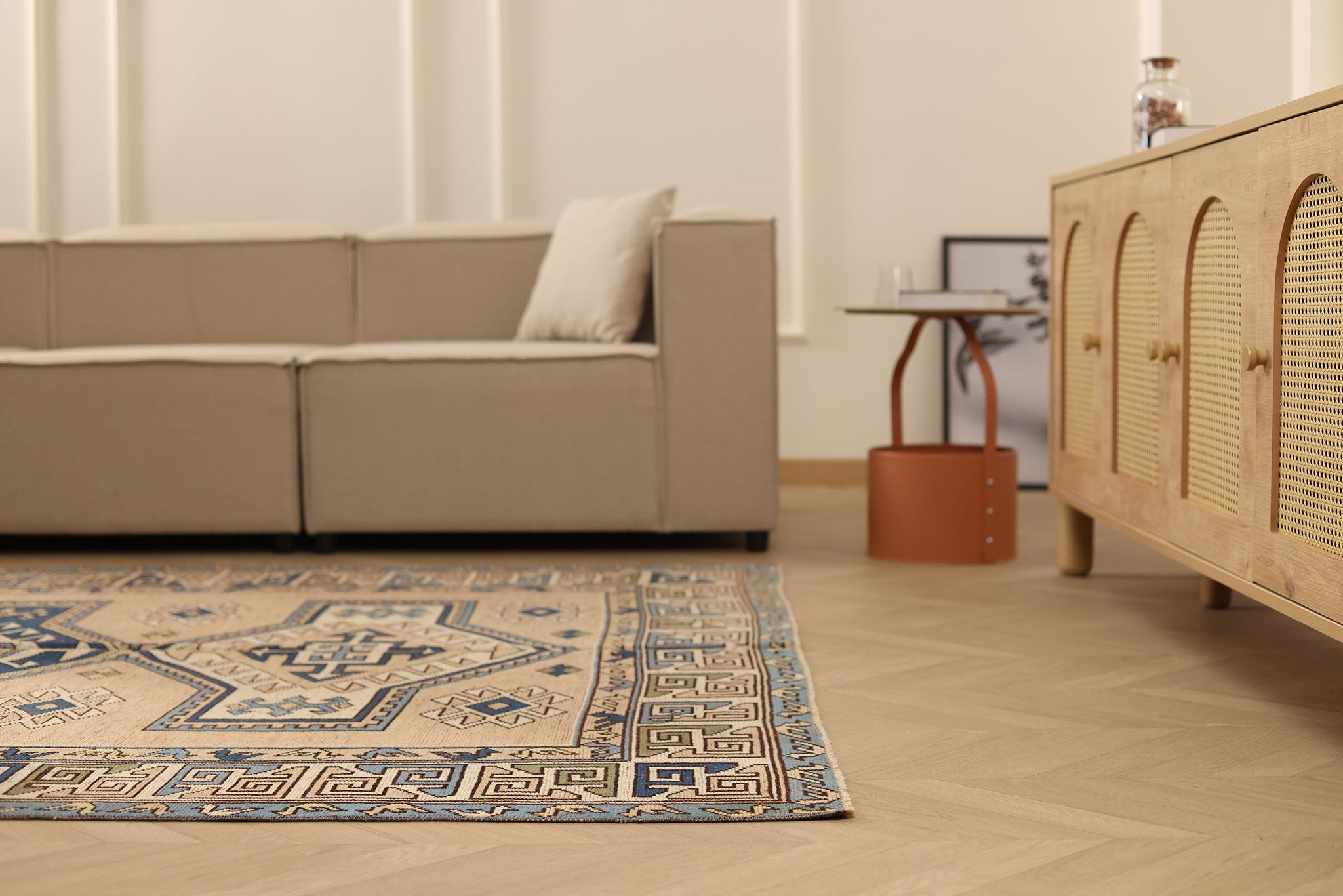 Vintage Niğde Turkish Area Rug 6x9 ft — Brown & Blue Geometric