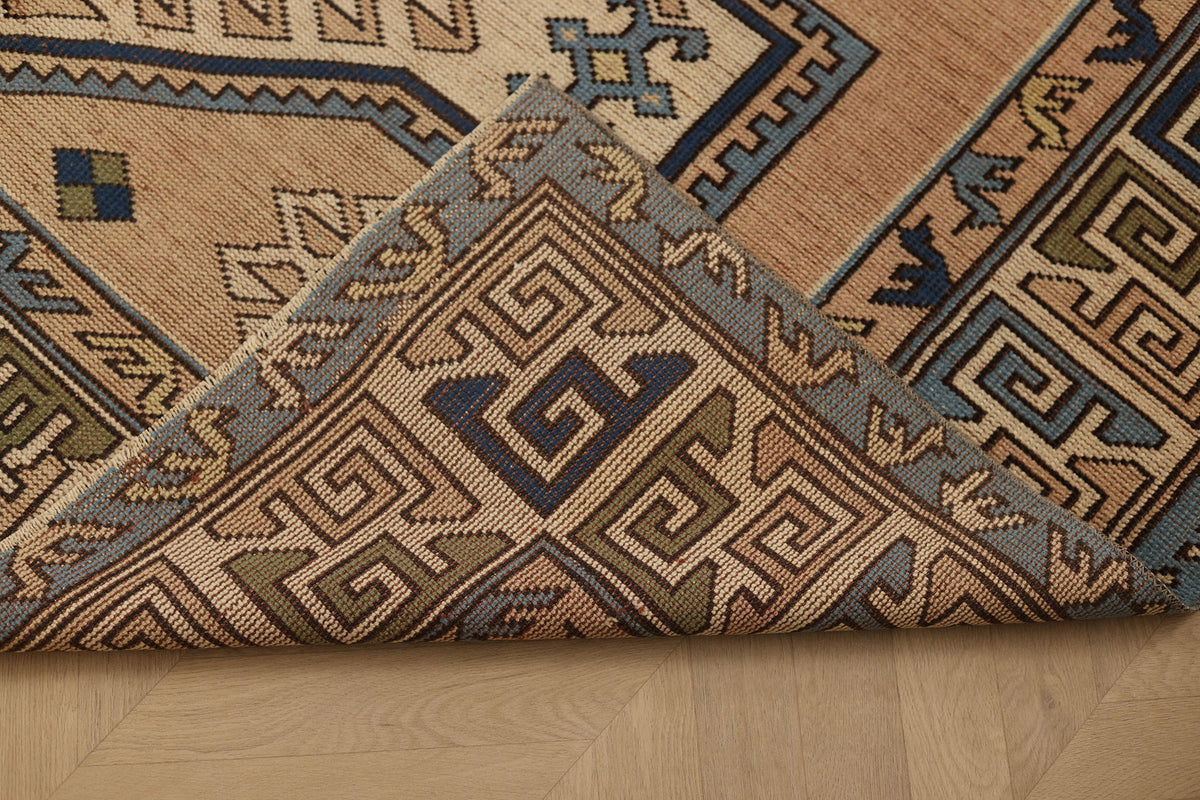 Vintage Niğde Turkish Area Rug 6x9 ft — Brown & Blue Geometric