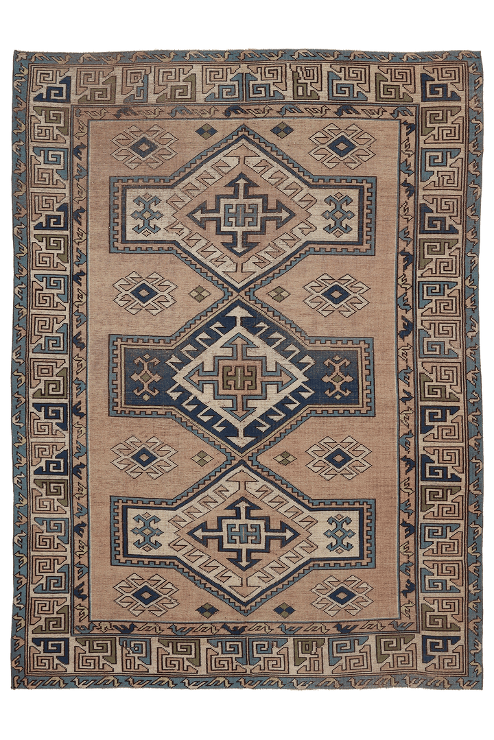 Vintage Niğde Turkish Area Rug 6x9 ft — Brown & Blue Geometric