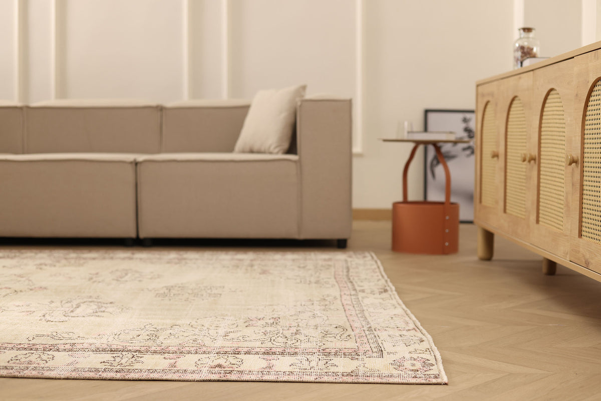 Vintage Manisa Turkish Area Rug 7x10 ft — Beige & Brown Floral
