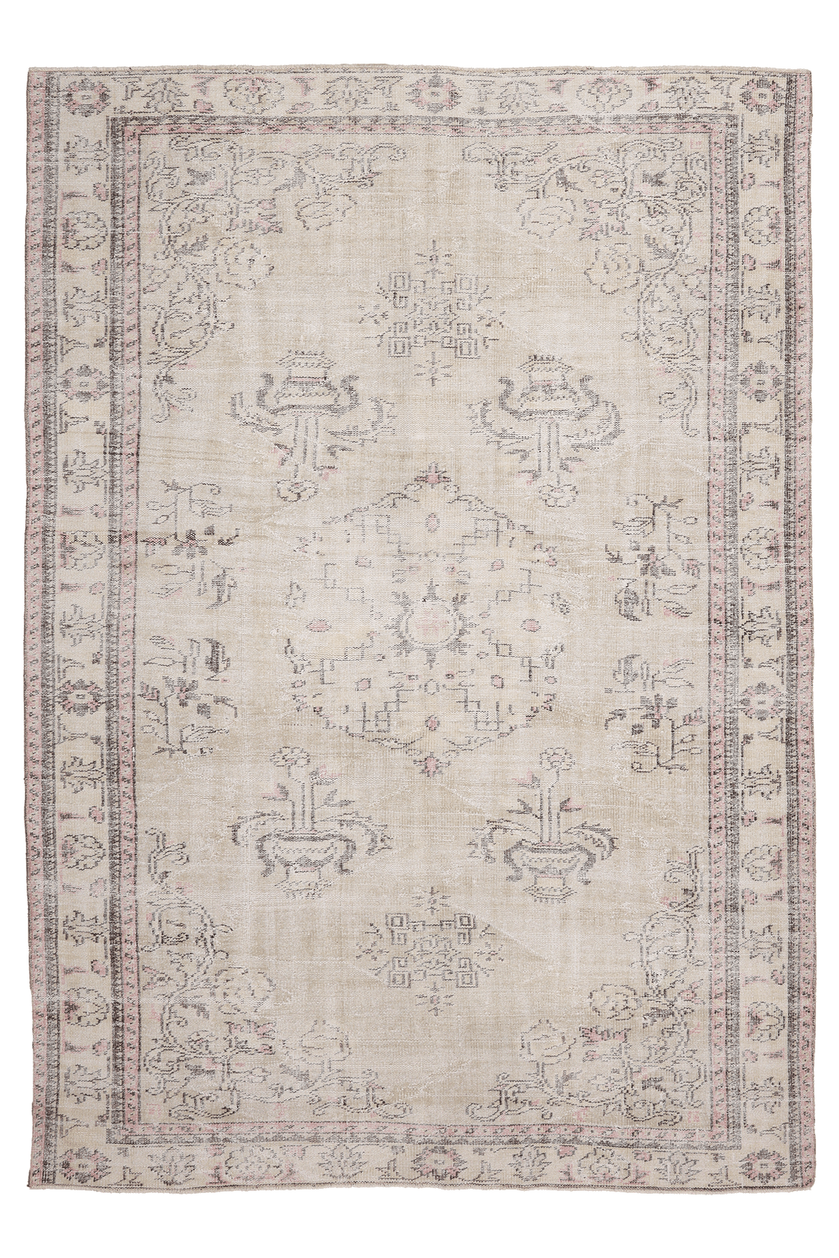 Vintage Manisa Turkish Area Rug 7x10 ft — Beige & Brown Floral