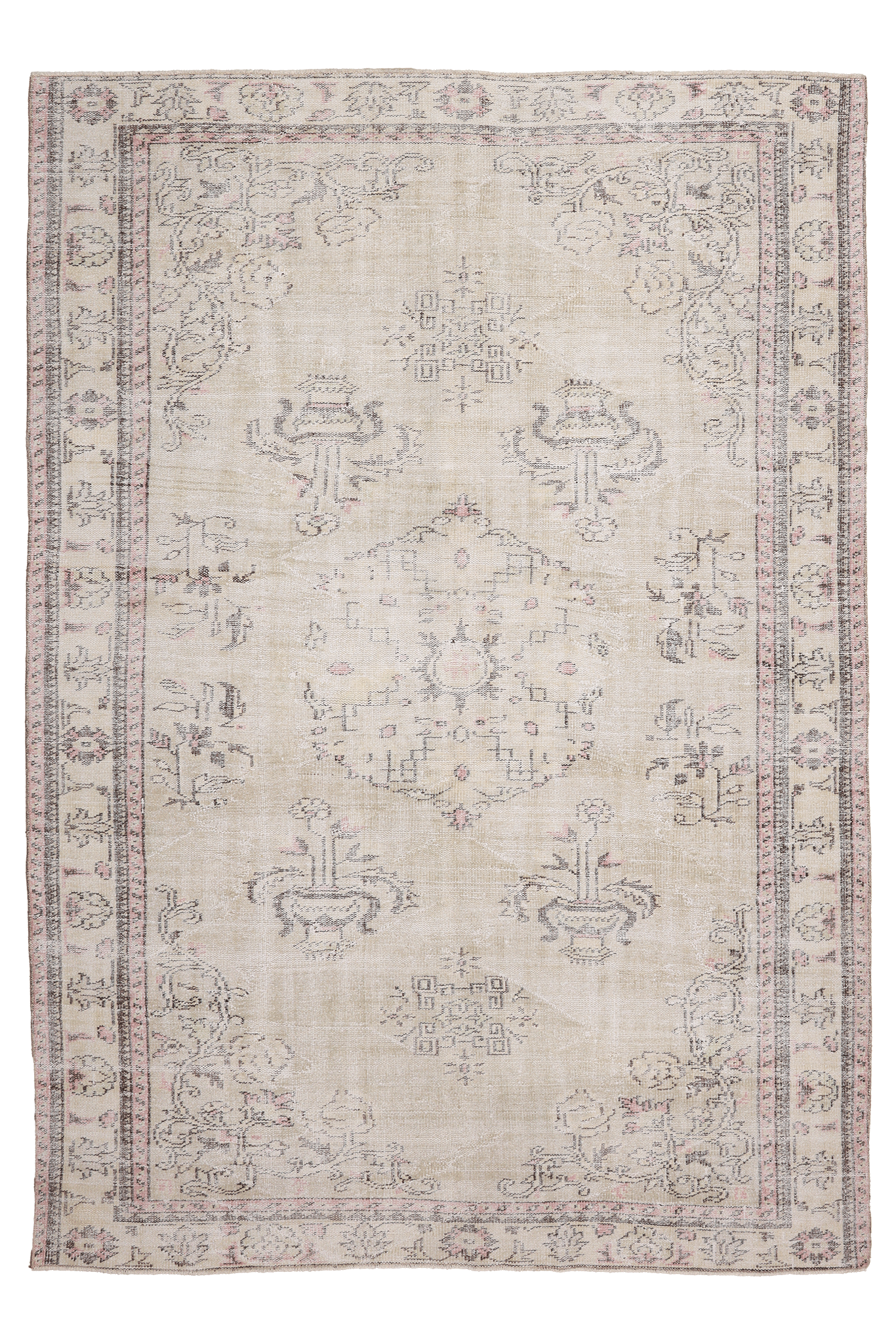 Vintage Manisa Turkish Area Rug 7x10 ft — Beige & Brown Floral