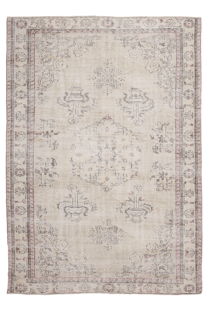 Vintage Manisa Turkish Area Rug 7x10 ft — Beige & Brown Floral
