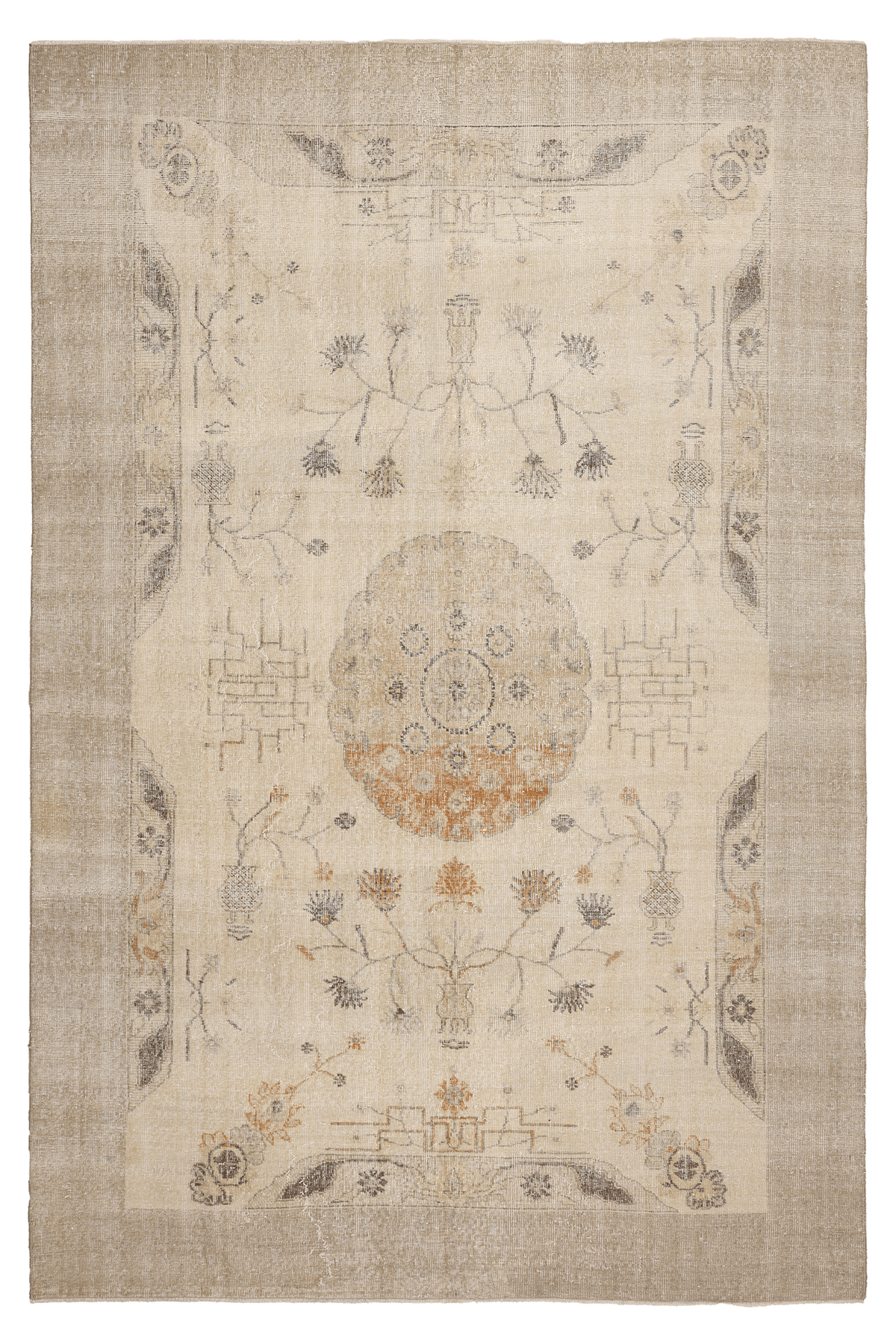 Vintage Isparta Turkish Area Rug 6x9 ft — Beige & Orange Floral