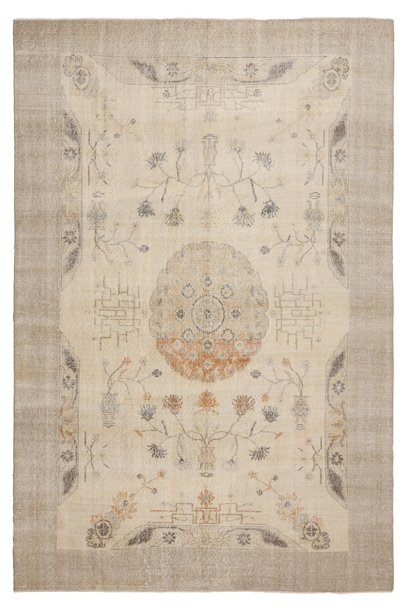 Vintage Isparta Turkish Area Rug 6x9 ft — Beige & Orange Floral