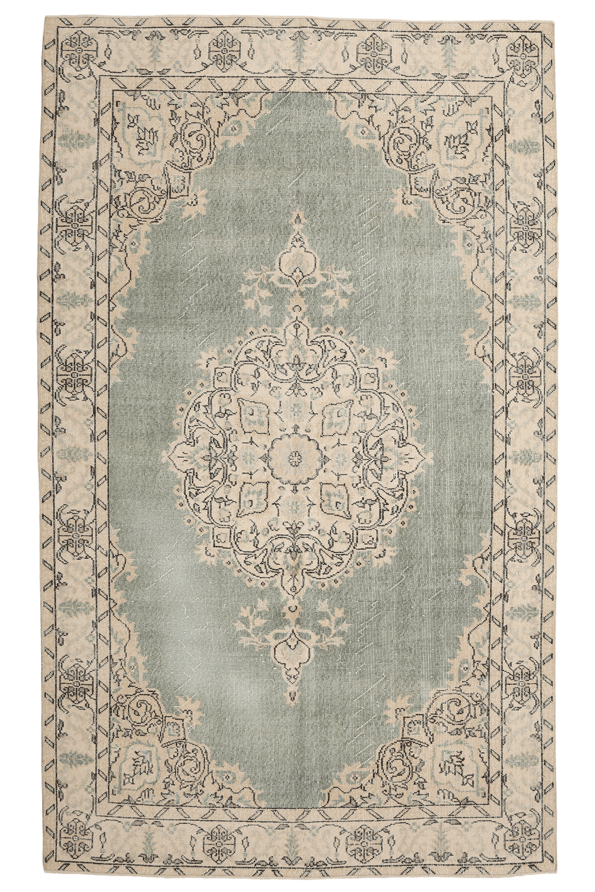 Vintage Isparta Turkish Area Rug 5x9 ft — Green & Beige Floral (No. 40824)