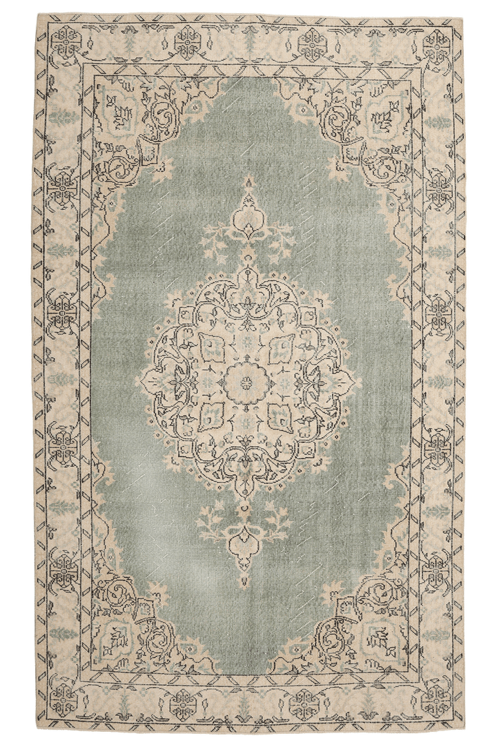 Vintage Isparta Turkish Area Rug 5x9 ft — Green & Beige Floral (No. 40824)