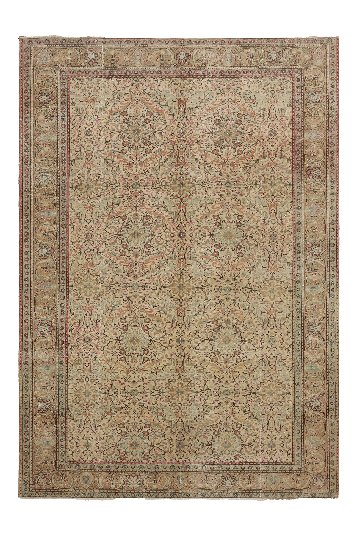 Vintage Kayseri Turkish Area Rug 6x9 ft — Beige & Green Floral