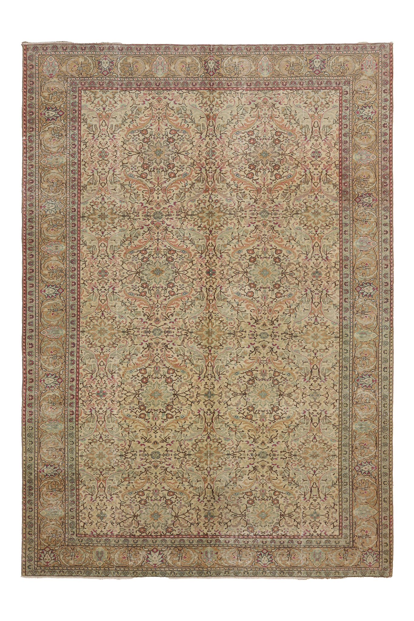 Vintage Kayseri Turkish Area Rug 6x9 ft — Beige & Green Floral