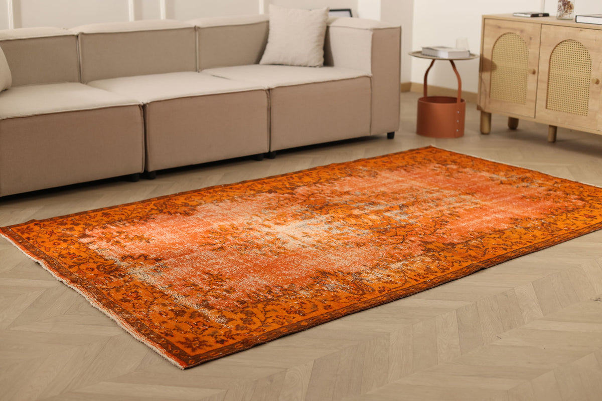 Vintage Isparta Turkish Area Rug 5x8 ft — Orange Floral (No. 40863)
