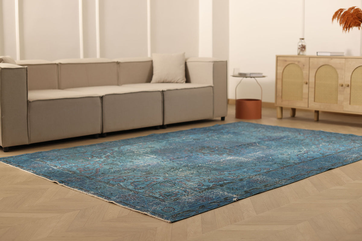 Vintage Isparta Turkish Area Rug 6x9 ft — Blue & Green Overdyed