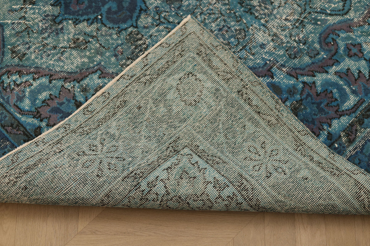 Vintage Isparta Turkish Area Rug 6x9 ft — Blue & Green Overdyed