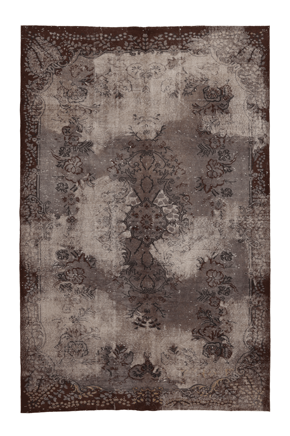 Vintage Isparta Turkish Area Rug 6x9 ft — Gray & Brown Floral (No. 40872)
