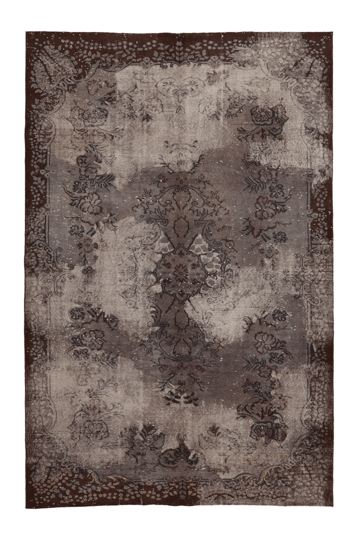 Vintage Isparta Turkish Area Rug 6x9 ft — Gray & Brown Floral (No. 40872)