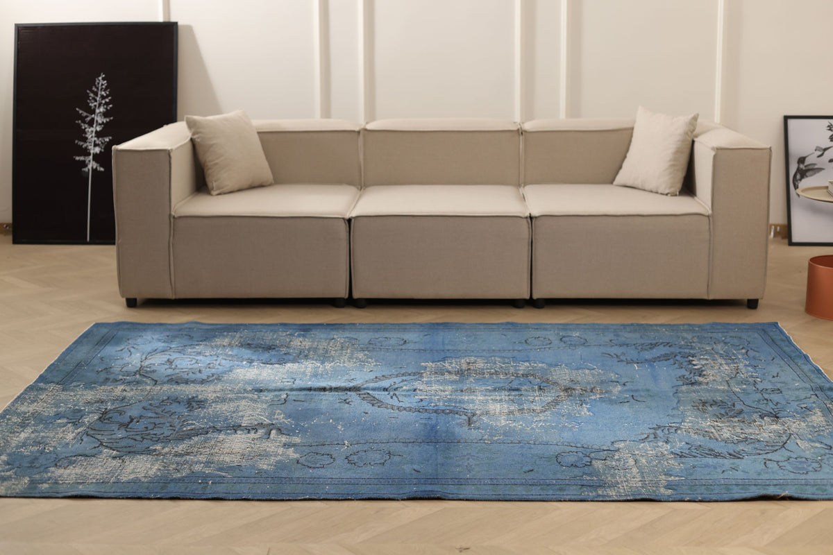 Vintage Isparta Turkish Area Rug 5x9 ft — Blue Floral (No. 40873)