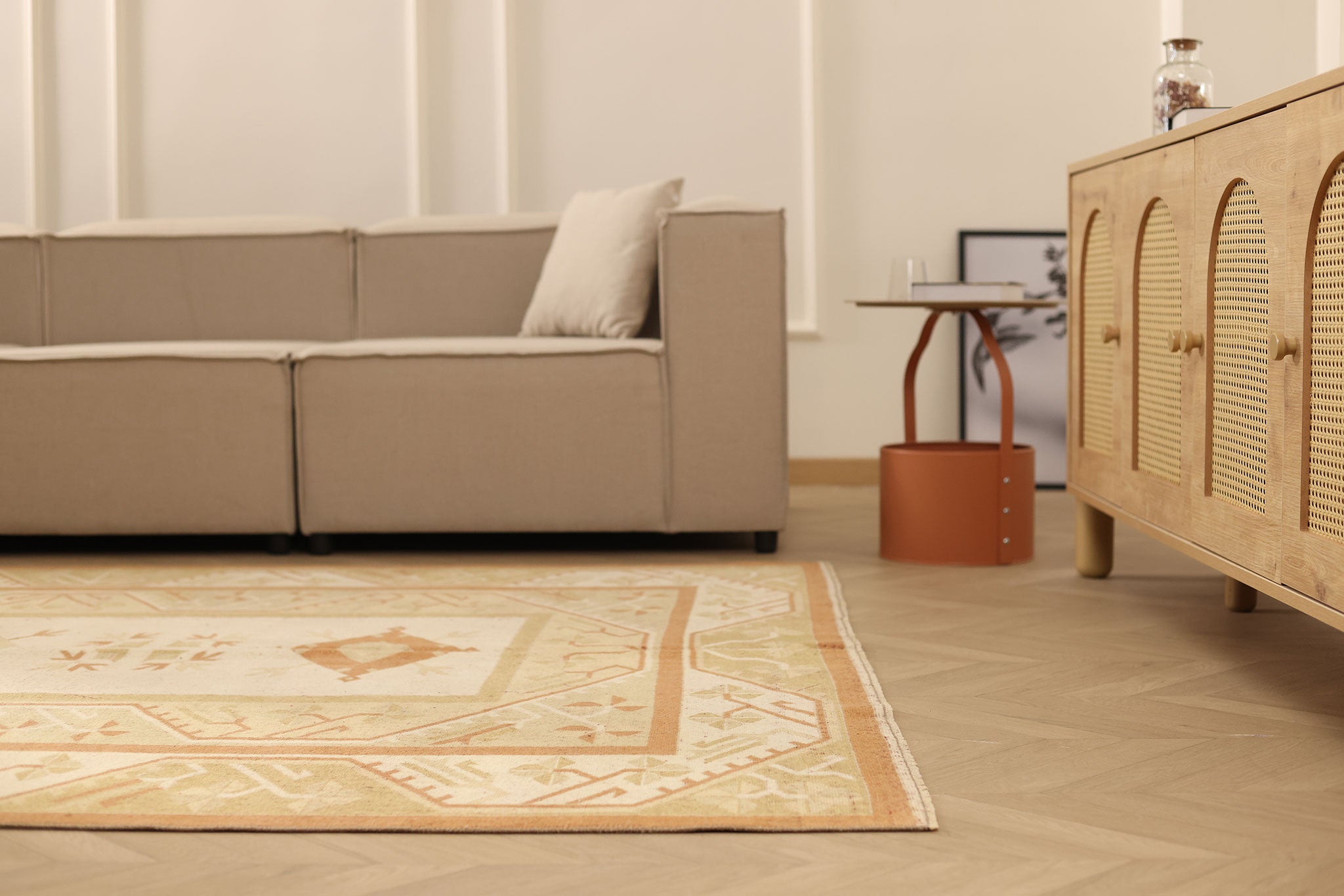 Vintage Muğla Turkish Area Rug 6x9 ft — Beige & Brown Geometric