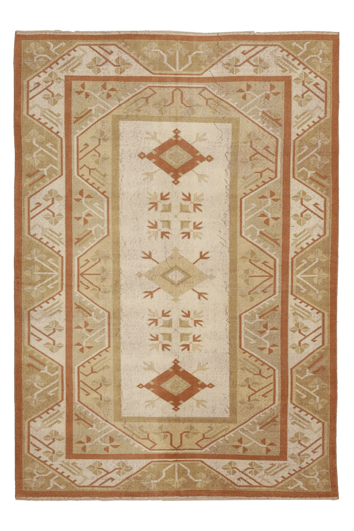 Vintage Muğla Turkish Area Rug 6x9 ft — Beige & Brown Geometric