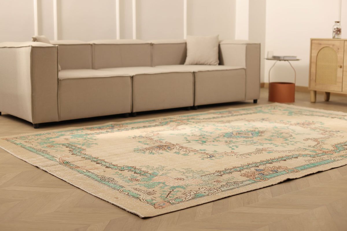 Vintage Isparta Turkish Area Rug 7x10 ft — Beige & Green Floral (No. 40885)